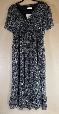 KIRUNDO Size XL Ruffle Midi Dress Black Leopard Print Short Sleeve V-Neck